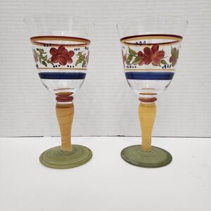 Gibson Designs Bella Hand Painted Wine Goblets Glasses MultiColor Stemware set 2